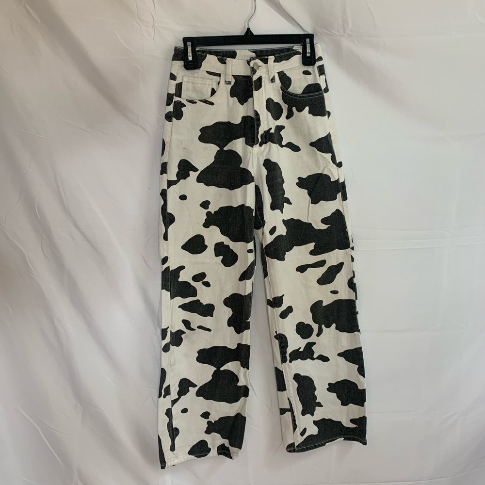 Cow Print 70s Style High Rise Wide leg Denim Jeans Size XS